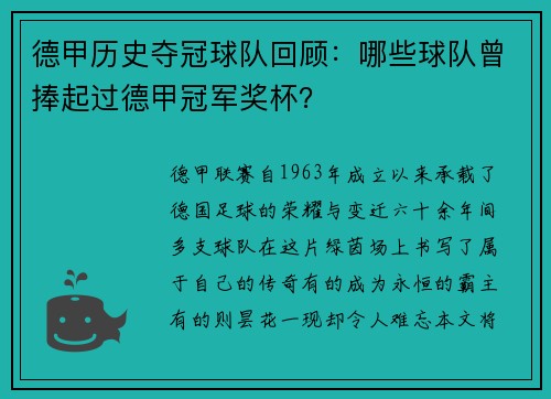 德甲历史夺冠球队回顾：哪些球队曾捧起过德甲冠军奖杯？